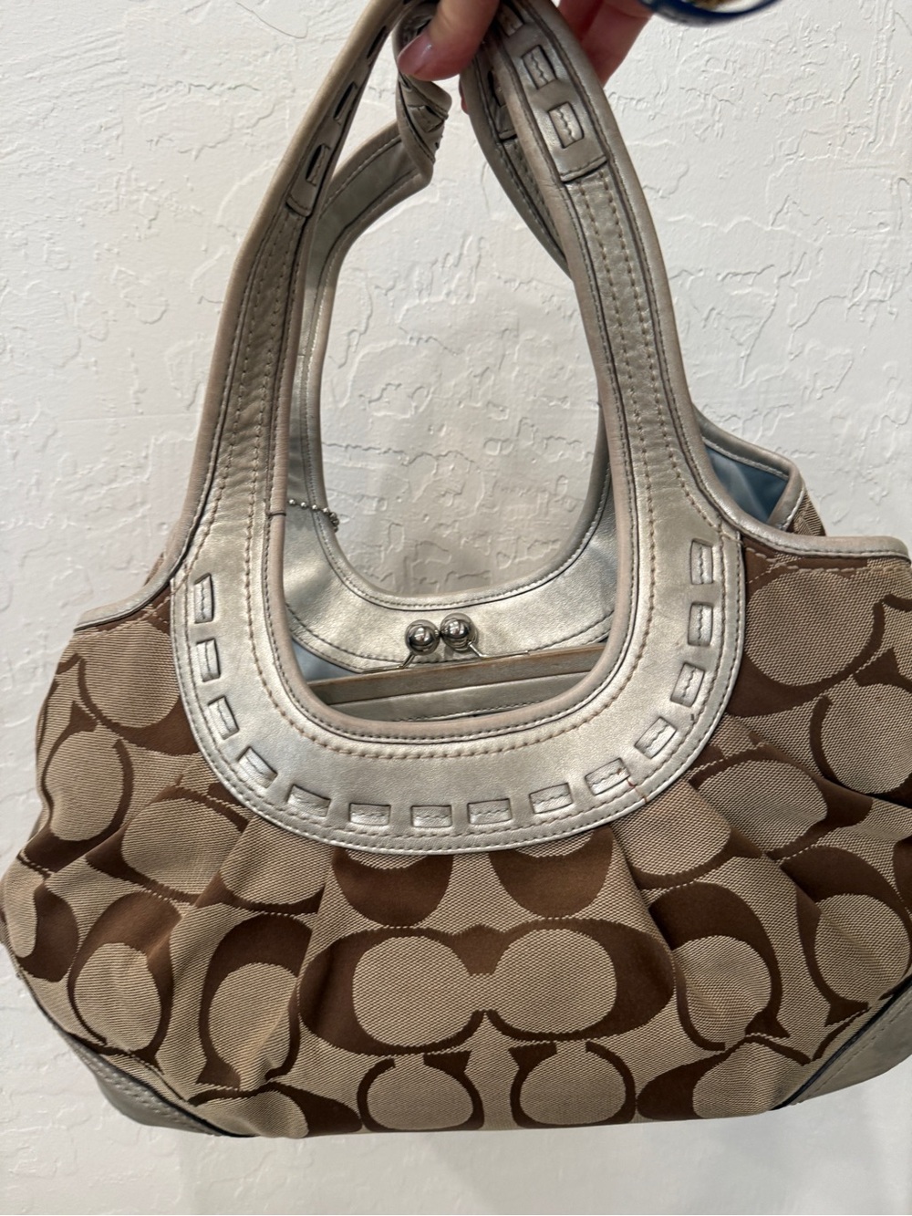 Coach Beige & Brown Signature Shoulder Bag with Silver Trim